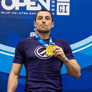 Brown belt assistant instructor Nick Reeves of Primate Jiu Jitsu gets first place and wins gold at the IBJJF Houston Open competition in 2023 as a purple belt